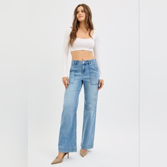 Risen High Rise Medium Wash Straight Leg Jeans Patch Pockets Utility Various NEW